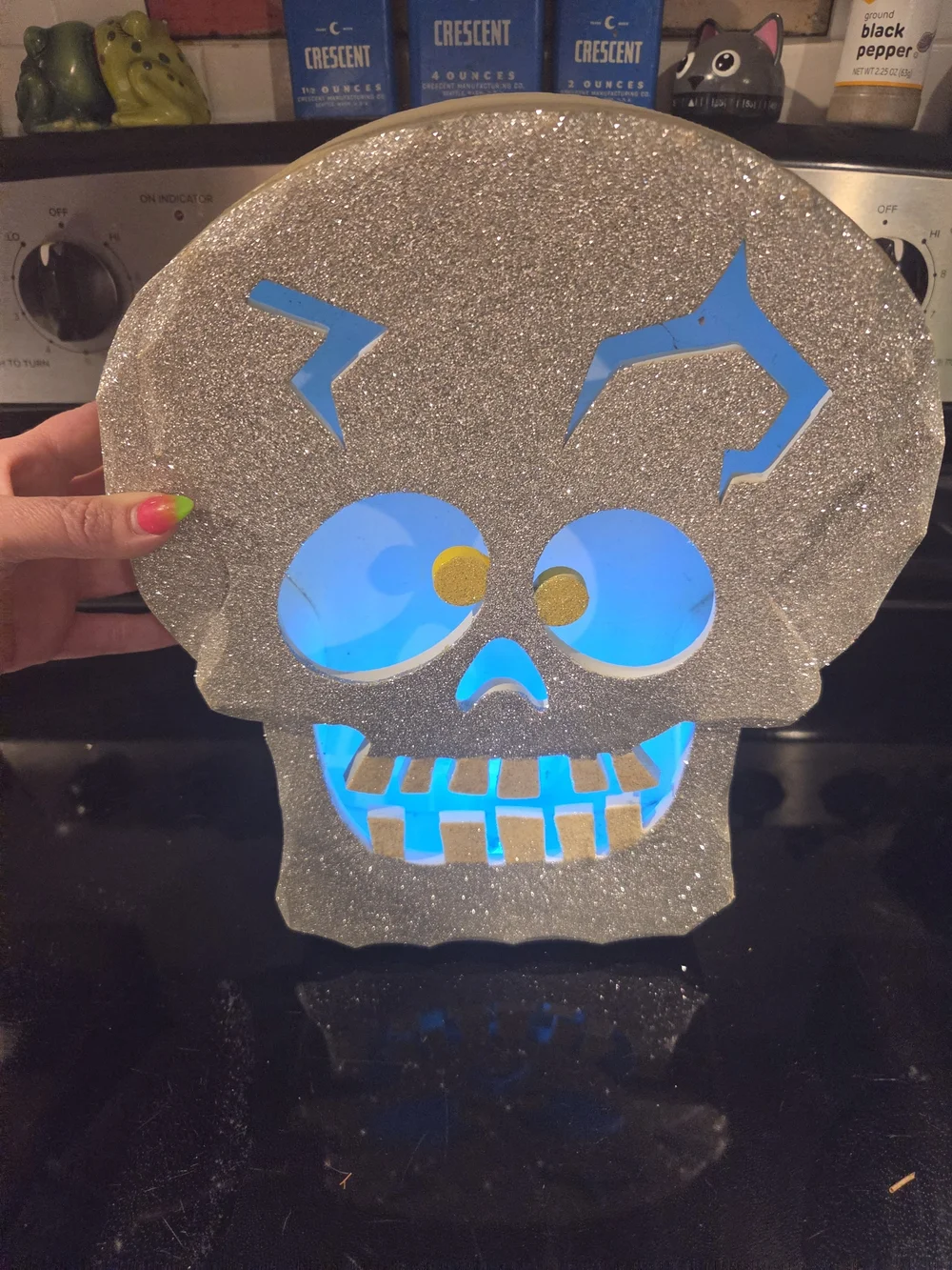 Glitter Skull Party Decoration with Green LED Glow